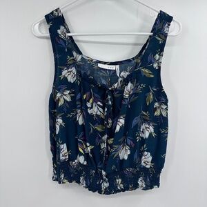 LUQ Top Women Small Blue Cropped Floral Sleeveless Smocked Fairy Cottagecore